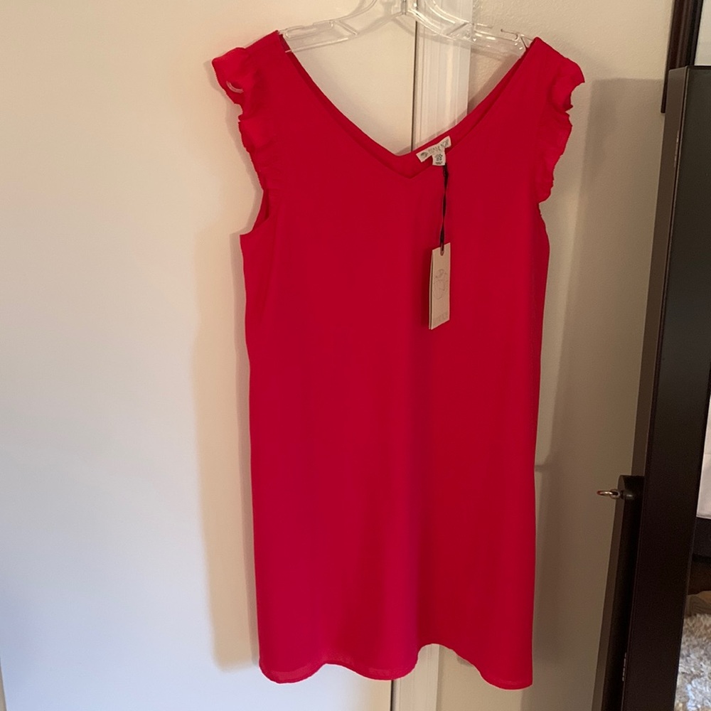 Elaine Rose flirty hot pink ruffle shoulder, sleeveless dress